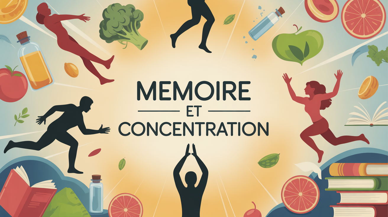 Illustration optimisation memoire et concentration avec vitamines et aliments