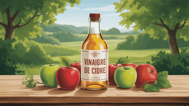 vinaigre de cidre entre pommes sur table bois