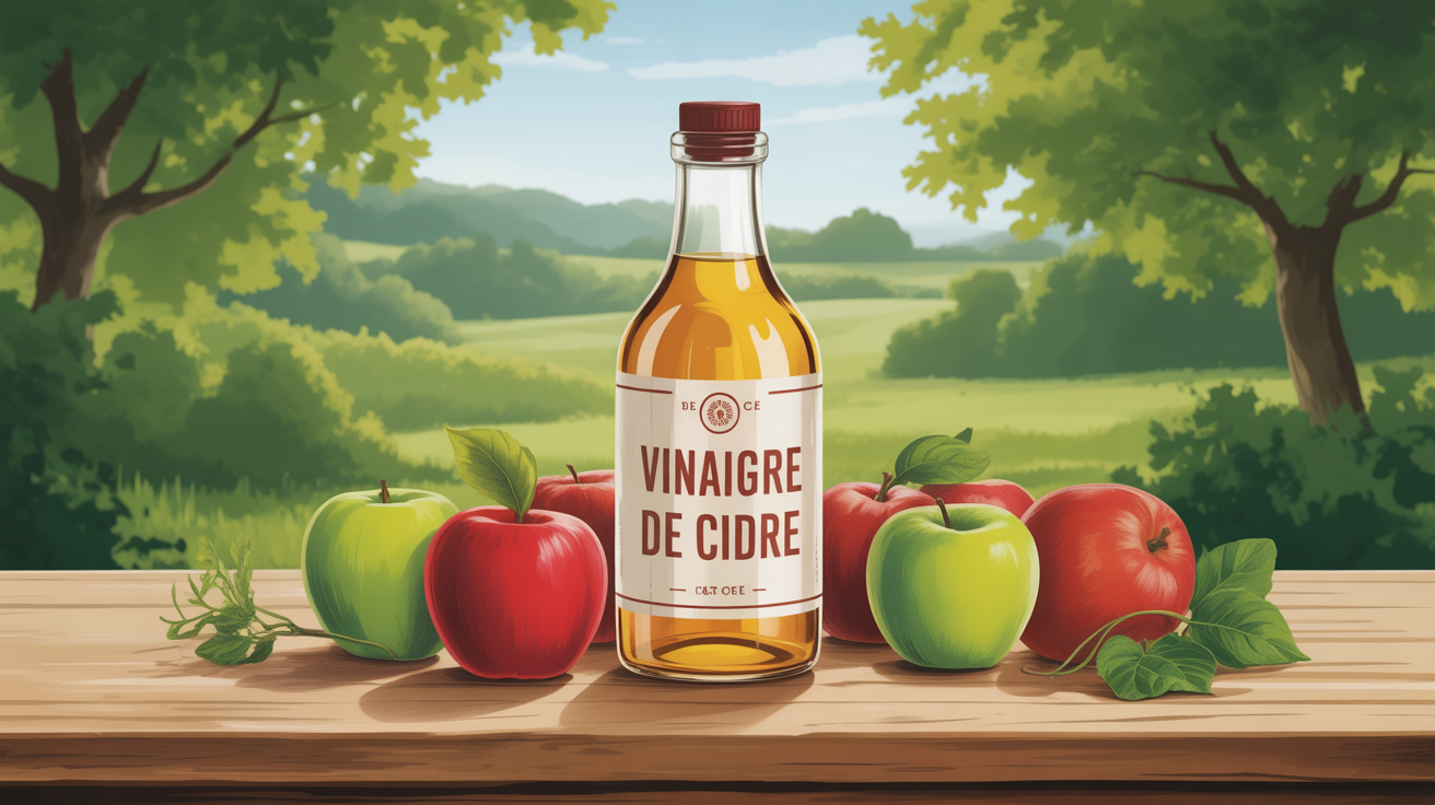 vinaigre de cidre entre pommes sur table bois