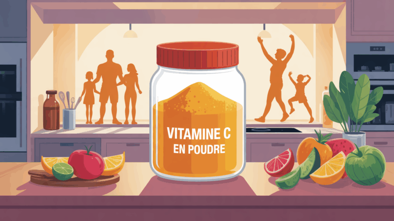 illustration vitamine c en poudre table avec pot et famille sportifs