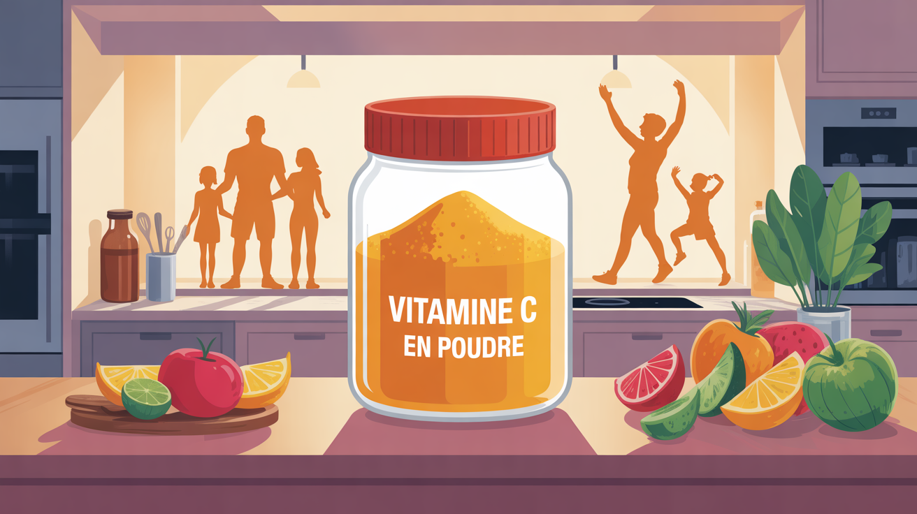 illustration vitamine c en poudre table avec pot et famille sportifs
