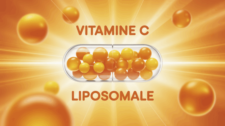 Capsule transparente vitamine C liposomale spheres sur fond lumineux