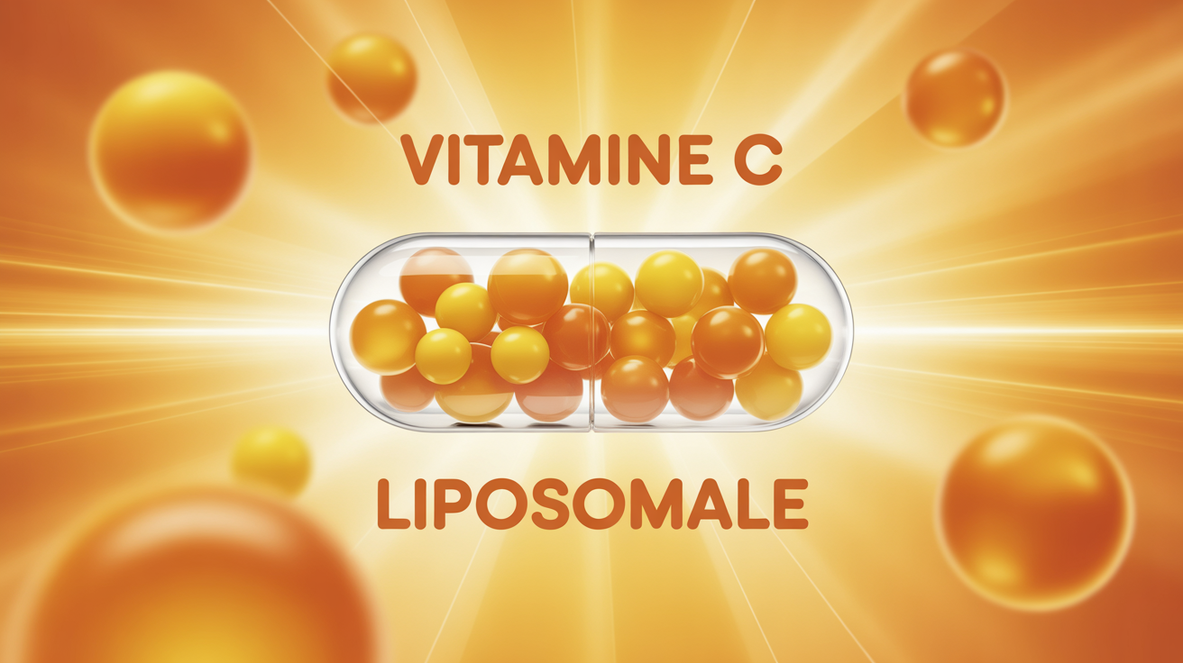 Capsule transparente vitamine C liposomale spheres sur fond lumineux