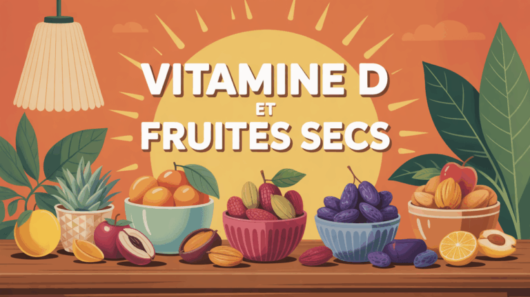 Fruits secs sur table bois, lumière soleil, titre Vitamine D