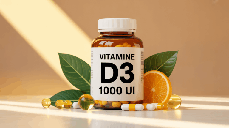 Flacon vitamine D3 1000 UI capsules gouttes fond naturel