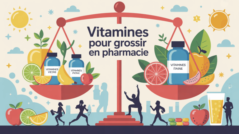 Illustration colorée de vitamines pour grossir en pharmacie balance flacons