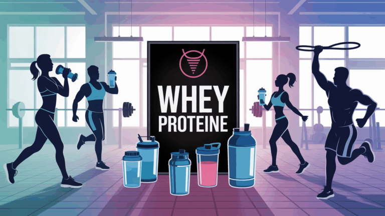 scene sportive avec whey proteine shakers pots