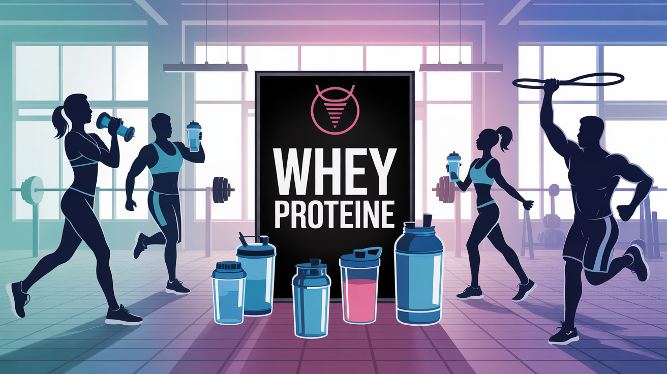 scene sportive avec whey proteine shakers pots