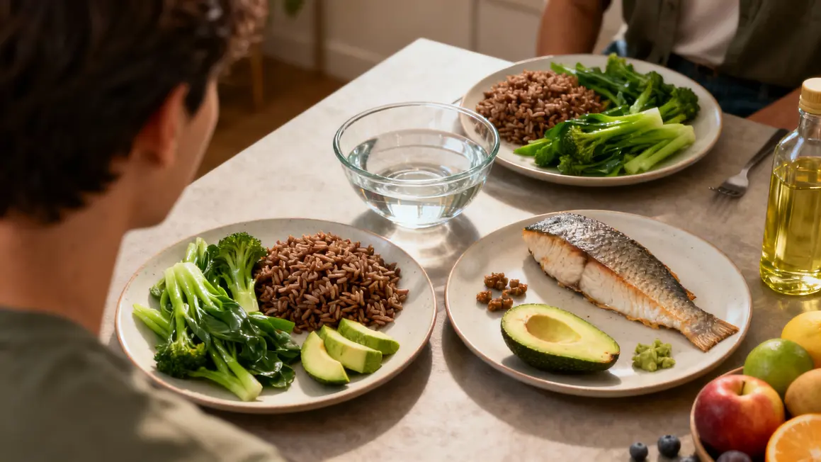 Assiette repas sain fibres protéines bonnes graisses