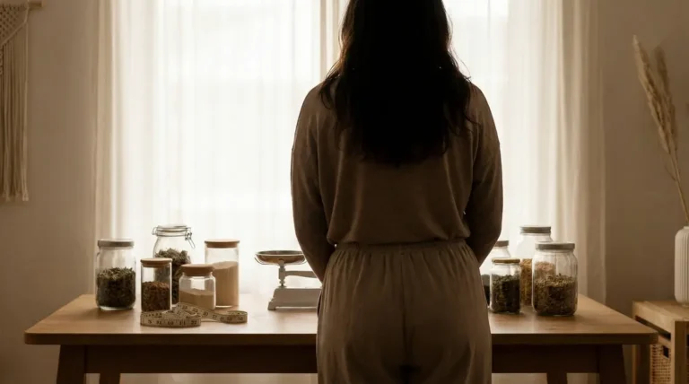 Femme devant complements alimentaires perte de poids