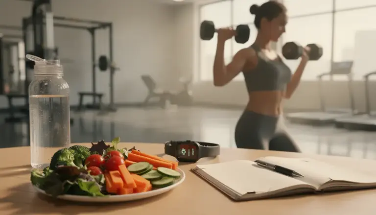 Femme salle de sport haltères légumes eau carnet
