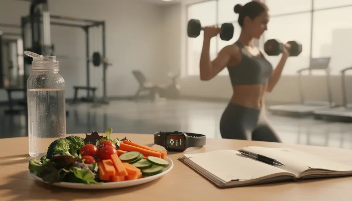 Femme salle de sport haltères légumes eau carnet