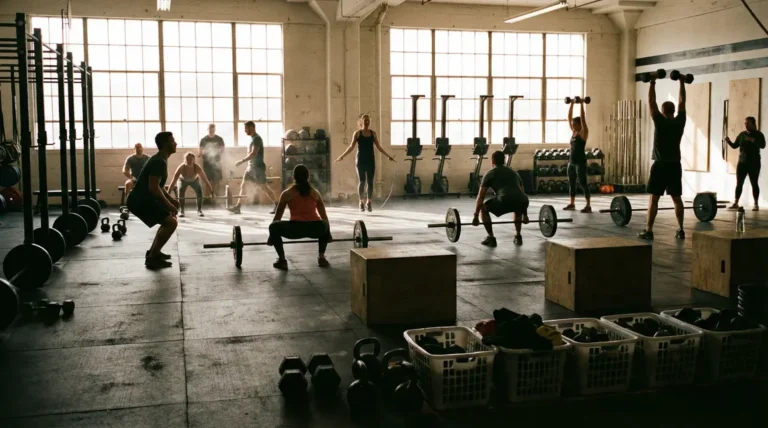 Gymnase CrossFit ambiance conviviale silhouettes en mouvement