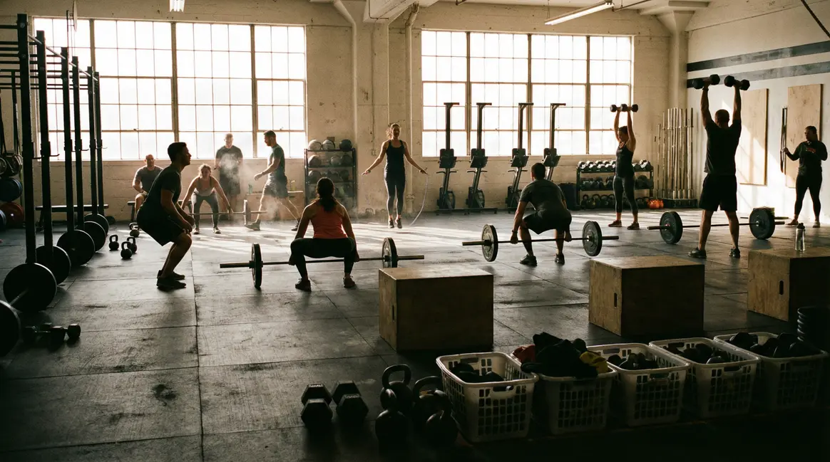 Gymnase CrossFit ambiance conviviale silhouettes en mouvement