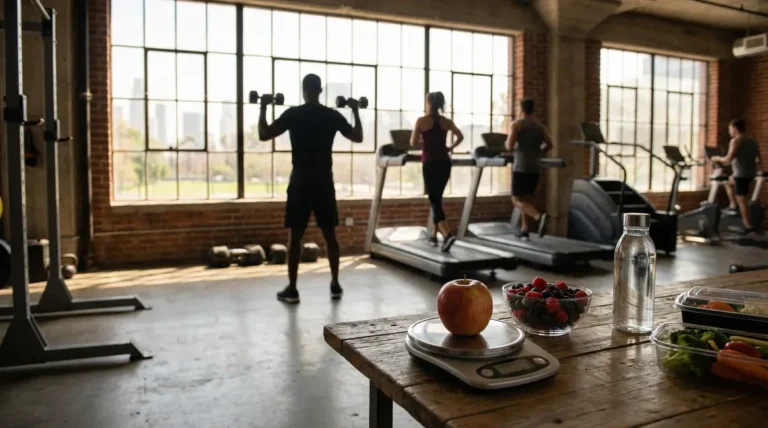 Salle de sport, haltères, tapis, aliments sains pour perte de poids