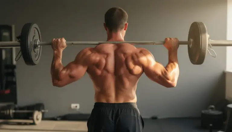 homme musclé curl barre dos salle de sport