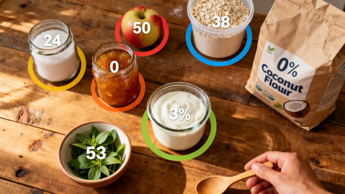 Tableau ingrédients sains calories érythritol, stevia, farine coco