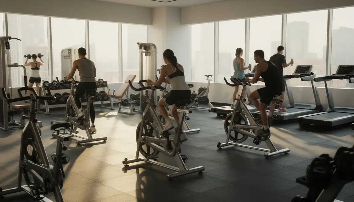 Salle de sport organisée avec machines et silhouettes en activité