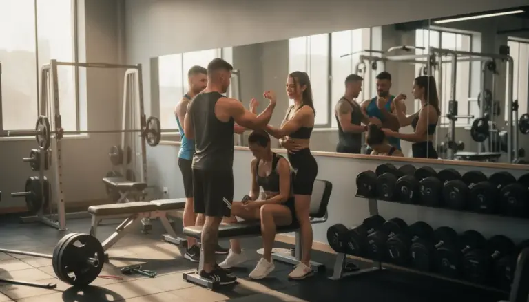 silhouettes analysant triceps court devant miroir salle de musculation