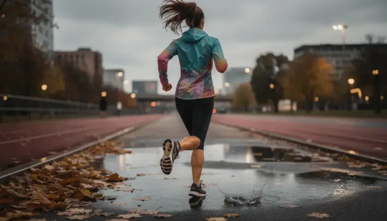 femme courant sous la pluie avec veste running technique