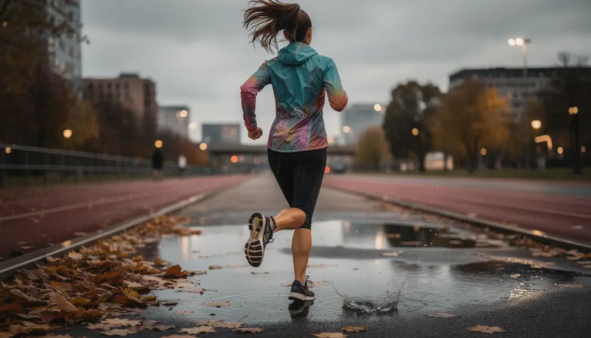 femme courant sous la pluie avec veste running technique