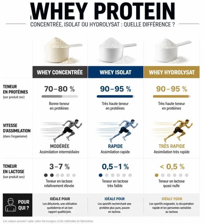 Infographie comparative des types de whey protein : concentré, isolat et hydrolysat