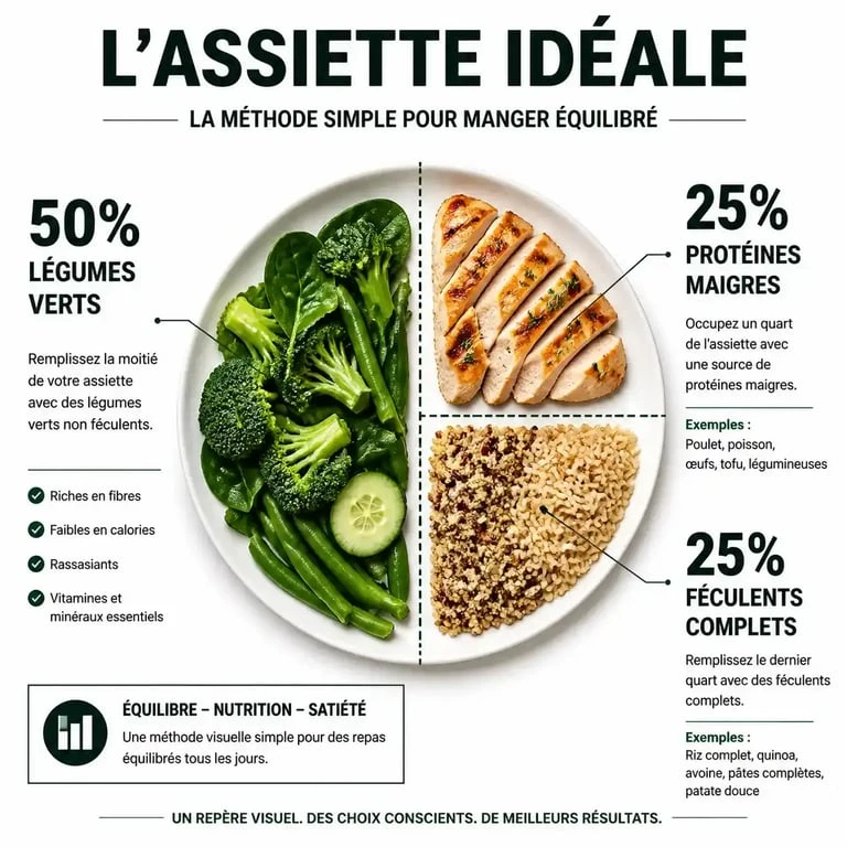 Infographie de la méthode de l'assiette idéale pour savoir quoi manger en régime