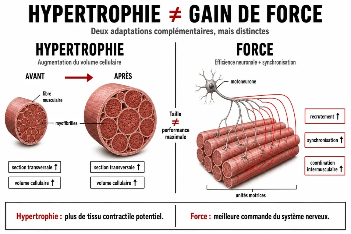 Infographie comparant l'hypertrophie et la musculation pour la force