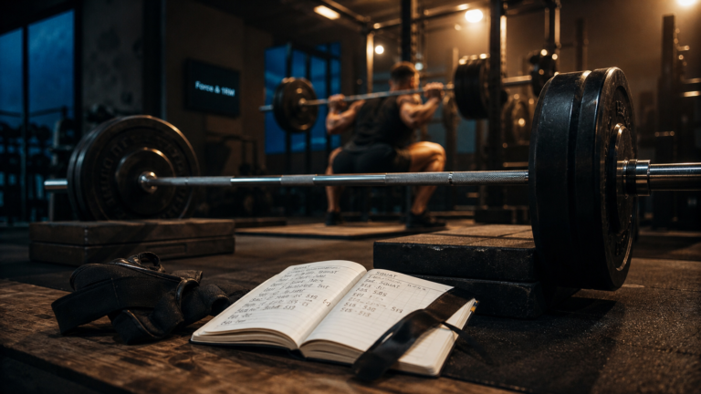 Musculation pour la force : salle et barre de squat, 1RM