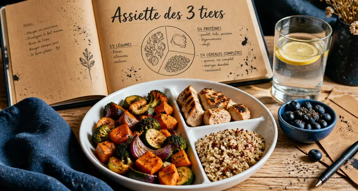 Assiette des 3 tiers pour quoi manger en régime : légumes, protéine, féculent complet