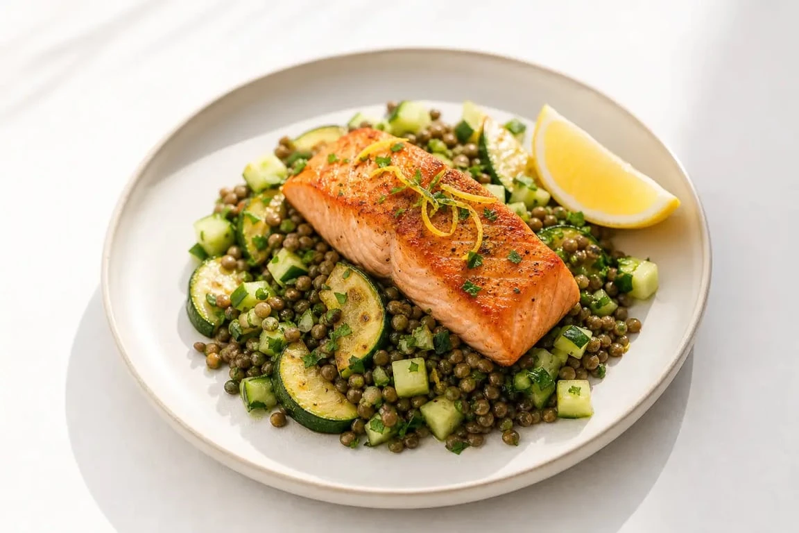 Recette pour maigrir le ventre : salade tiède de lentilles, saumon et légumes