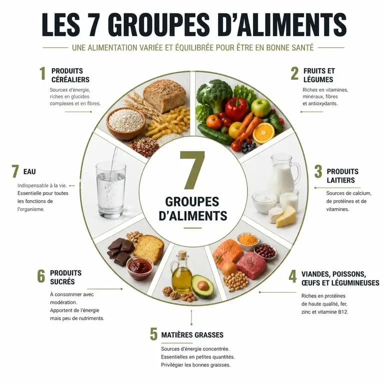 Infographie des 7 groupes d'aliments et leurs apports nutritionnels pour un équilibre alimentaire