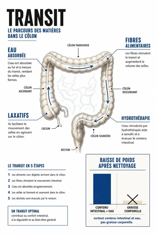 Schéma du nettoyage du côlon et perte de poids montrant le transit, l’eau et la différence entre contenu intestinal et graisse corporelle