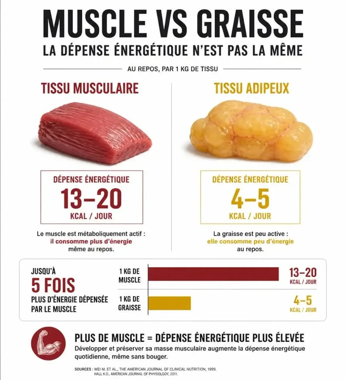 Comparaison métabolique entre masse musculaire et masse grasse pour comprendre l'impact sur le métabolisme et la musculation