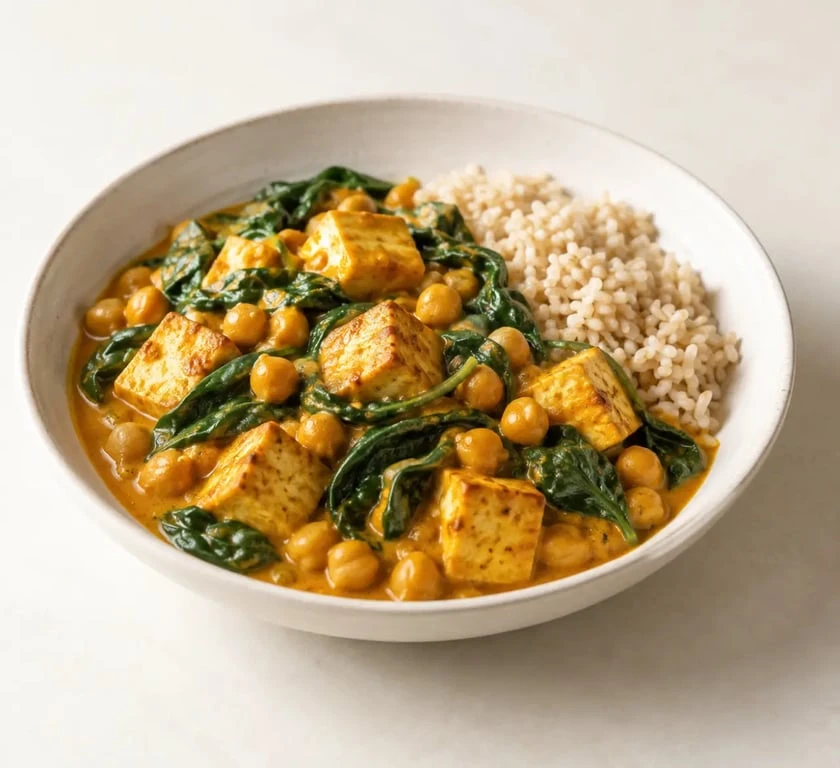 Repas riche en proteine : curry de pois chiches, tofu et épinards