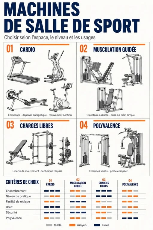 Infographie des machines de salle de sport classées par usage, niveau et encombrement