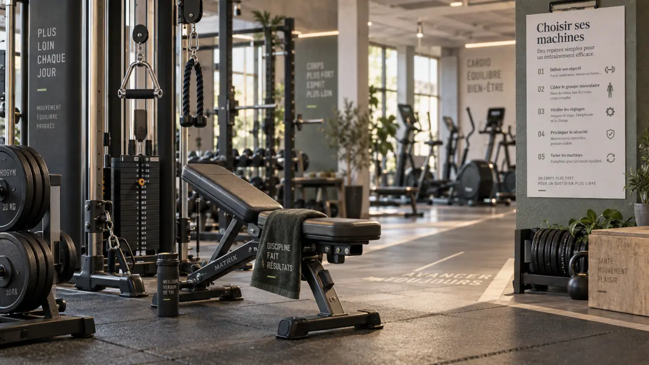 Machines de salle de sport : station à poulies et banc en salle