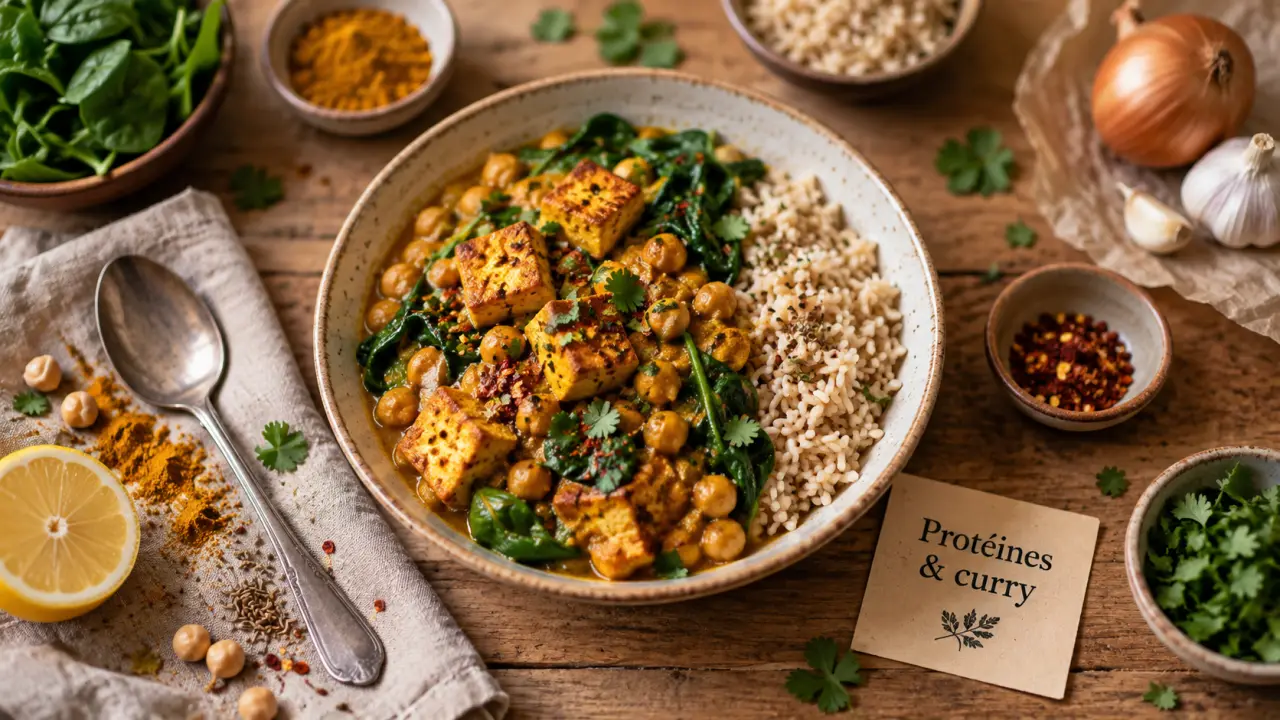 Repas riche en proteine : curry pois chiches et tofu, riz complet