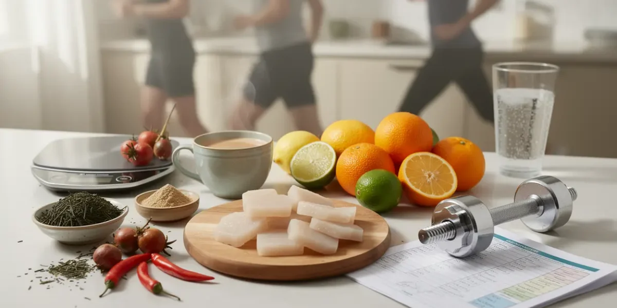 ensemble aliments naturels brûleurs graisse thé vert guarana plan table fitness