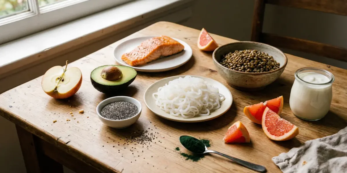 Table coupe-faim naturels pomme avocat saumon chia konjac lentilles yaourt pamplemousse spiruline