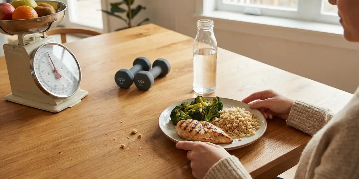 maigrir efficacement visuel balance assiette equilibree haltères