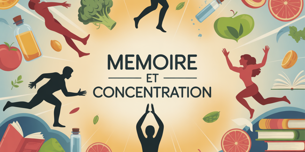 Illustration optimisation memoire et concentration avec vitamines et aliments