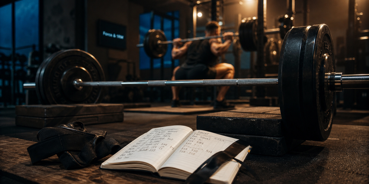 Musculation pour la force : salle et barre de squat, 1RM