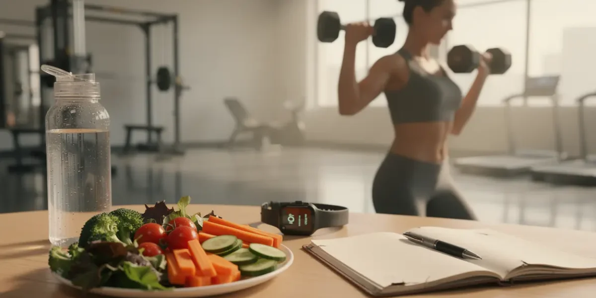 Femme salle de sport haltères légumes eau carnet