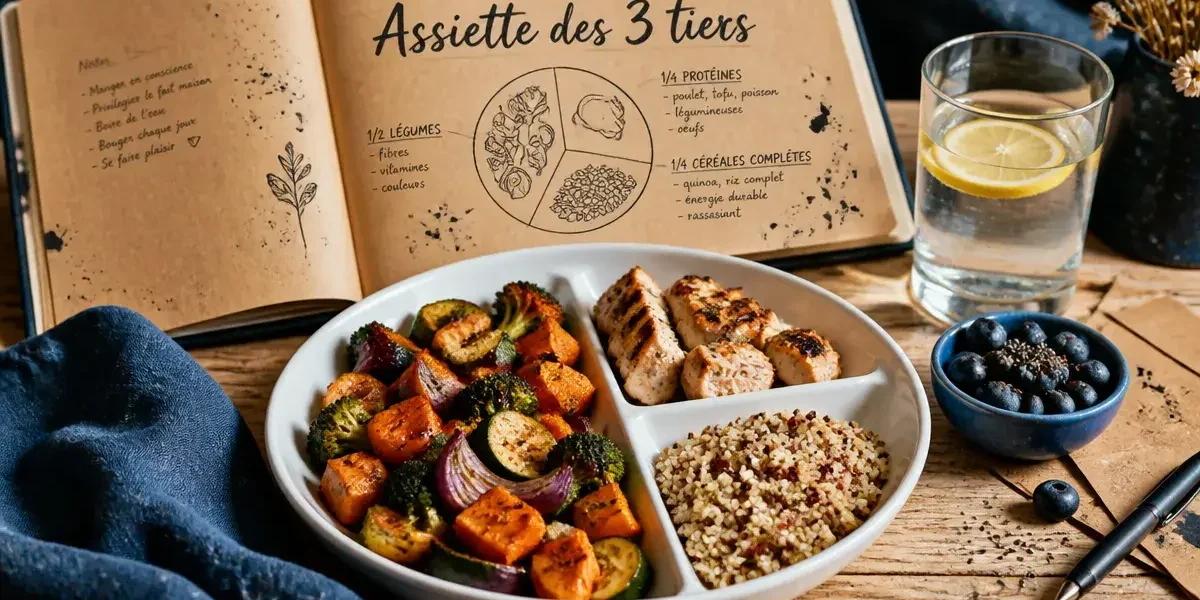 Assiette des 3 tiers pour quoi manger en régime : légumes, protéine, féculent complet