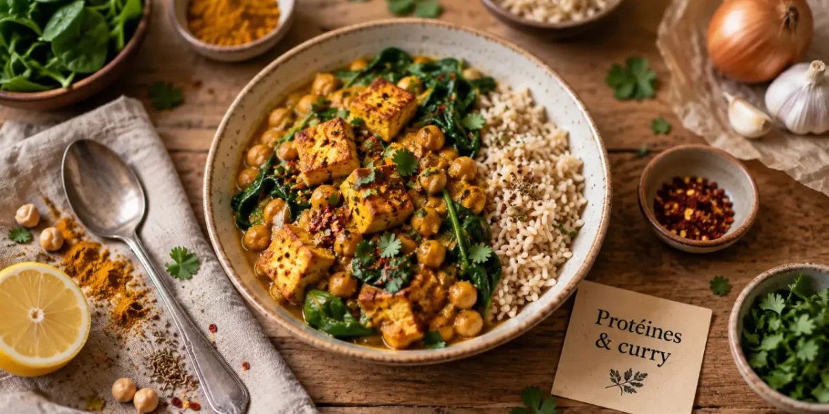Repas riche en proteine : curry pois chiches et tofu, riz complet