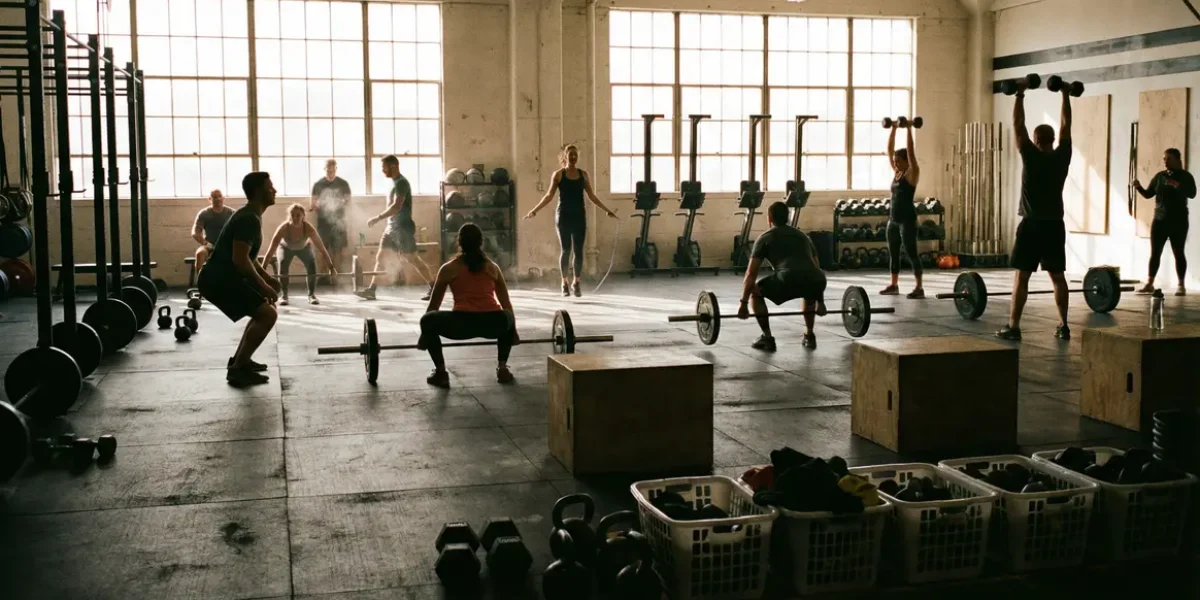 Gymnase CrossFit ambiance conviviale silhouettes en mouvement