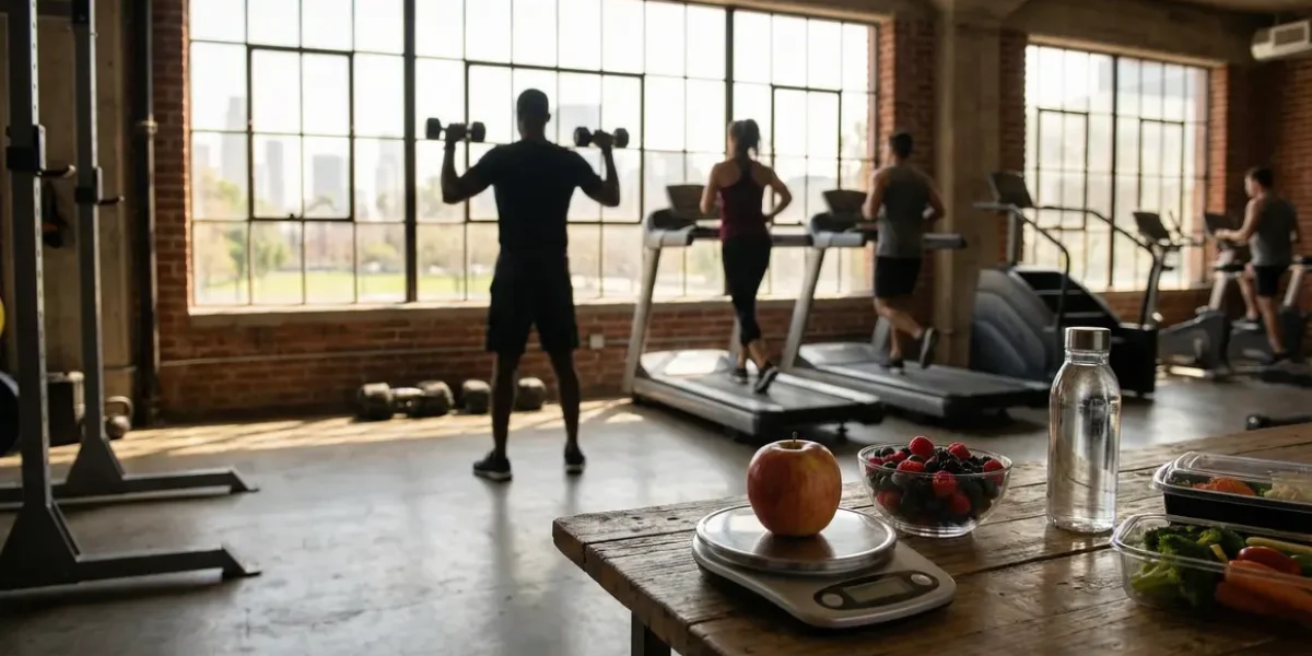 Salle de sport, haltères, tapis, aliments sains pour perte de poids