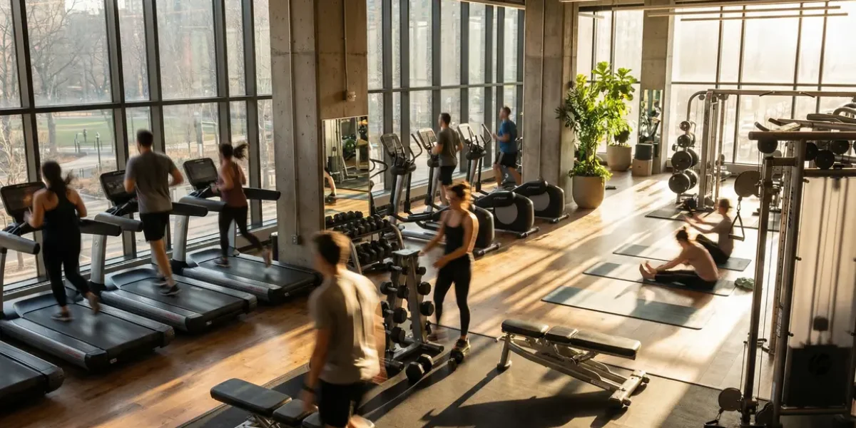 Salle de sport moderne cardio musculation ambiance dynamique