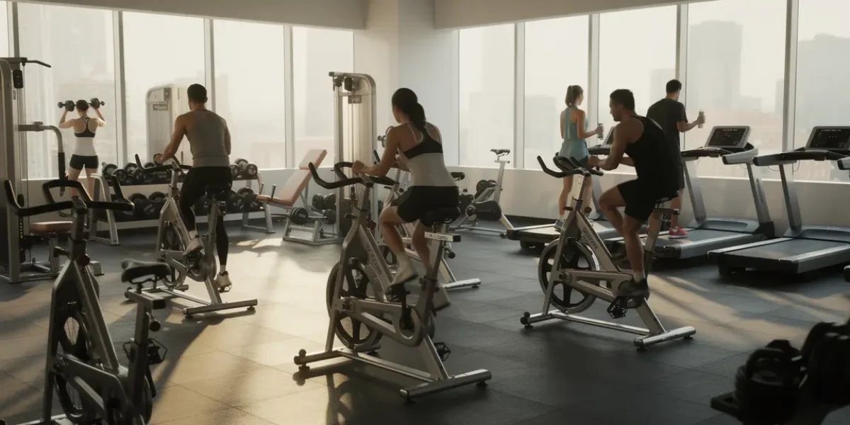 Salle de sport organisée avec machines et silhouettes en activité